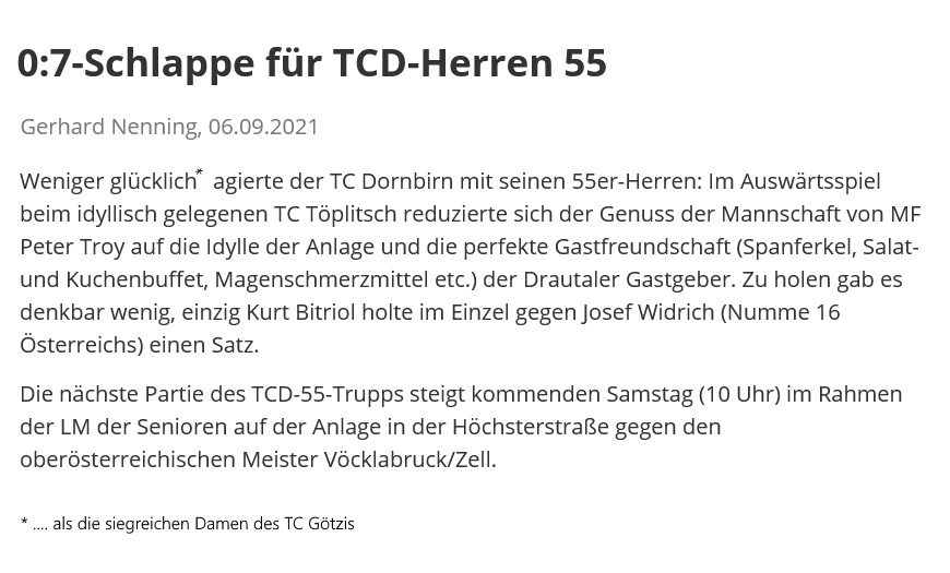 Bericht des VTV zur Niederlage des TC Dornbirn in Töplitsch