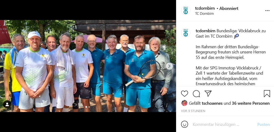 Instagram-Bericht zum Spiel des TC Dornbirn gegen SPG Immotop Vöcklabruck / Zell in der Bundesliga Herren 55