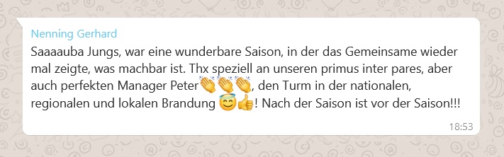 WhatsApp Meldung zum Sieg und Aufstieg des TCD in die Bundesliga