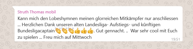 WhatsApp Meldung zum Erfolg der 55er des TC Dornbirn in der Bundesliga