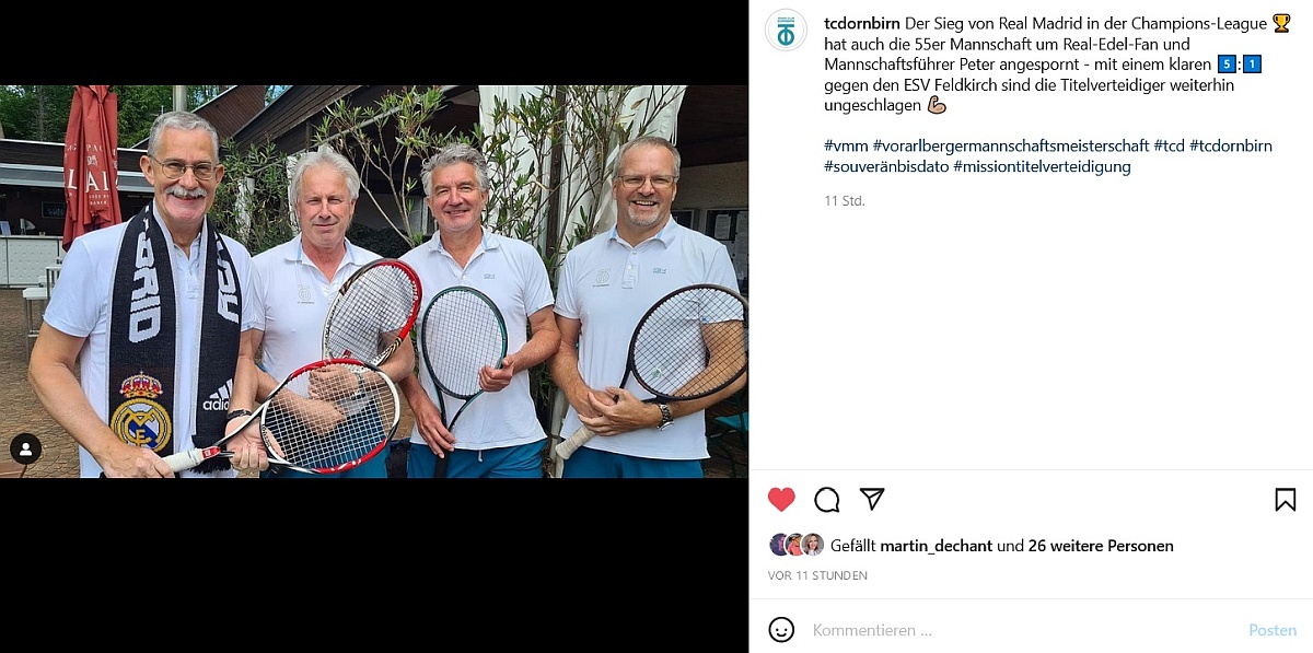 Screenshot Instagram vom 5:1 Sieg gegen den ESV Feldkrich mit Peter, Kurt, Thomas, Markus